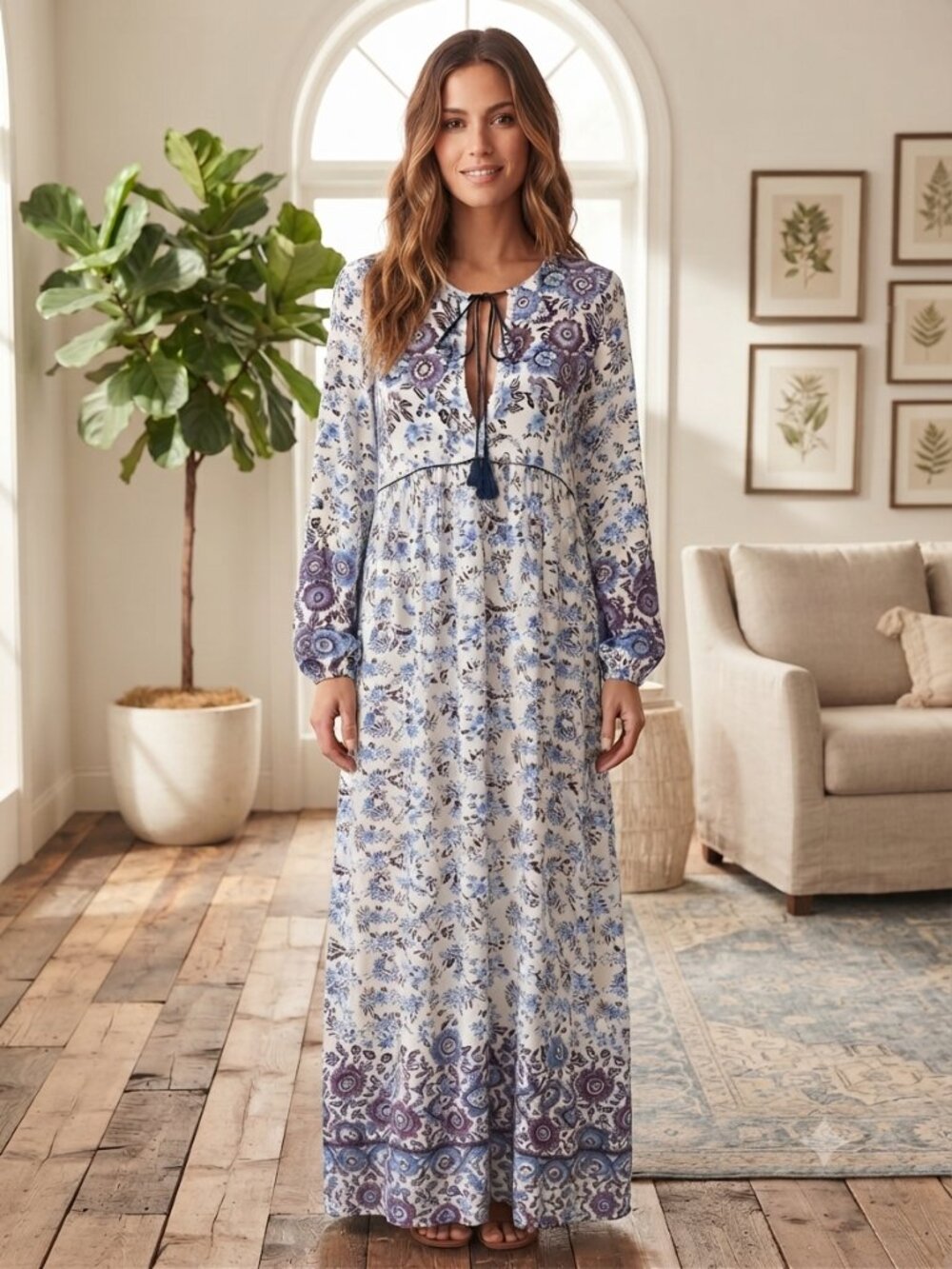 Aly Daly Blue White Purple Floral Boho Peasant Tassel Maxi Dress Size S